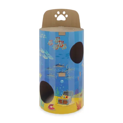 Cat tree in cylindrical shape with underwater design, including fish motifs and treasure chest. Visible openings for play options.