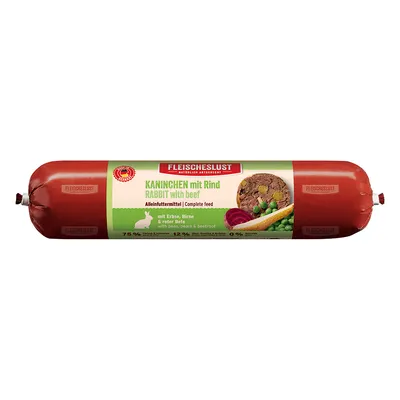 Fleischeslust Kaninchen mit Rind, Alleinfuttermittel mit Erbse, Birne und roter Beete. 75% Fleischanteil, 12% Gemüse, 0% Getreide. Verpackung zeigt Produktabbildung.