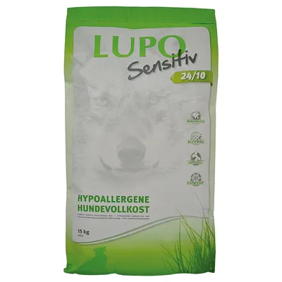 Sac de 15 kg LUPO Sensitiv 24/10, HYPOALLERGENE HUNDEVOLLKOST, mentions visibles : monoprotein, glutenfrei, lupozell, icepressed. Texte en allemand.