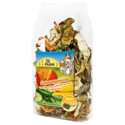 JR Farm Sonnengemüse Sun Vegetables Snack Ergänzungsfutter Veggie, mješavina sušenog povrća u prozirnoj vrećici, etiketa s ilustracijom životinja i povrća.