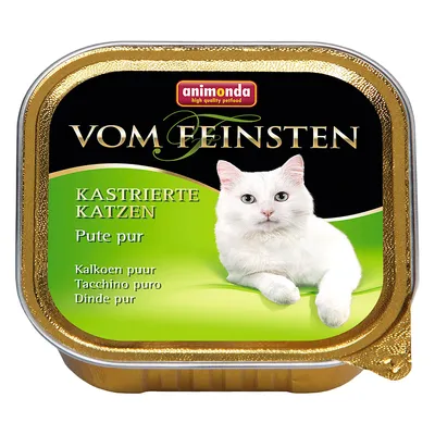 Embalagem de comida húmida animonda Vom Feinsten para gatos castrados, texto visível: KASTRIERTE KATZEN, Pute pur, Kalkoen puur, Tacchino puro, Dinde pur.
