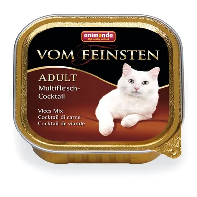 animonda Vom Feinsten ADULT Multifleich-Cocktail, Vlees Mix, Cocktail di carne, Cocktail de viande. Embalagem dourada com imagem de gato branco parcialmente visível.