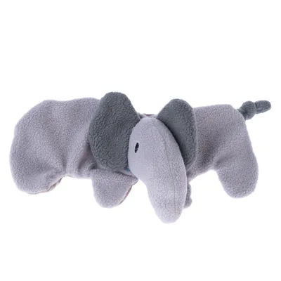 Grey plush toy in elephant shape with large ears and short tail.