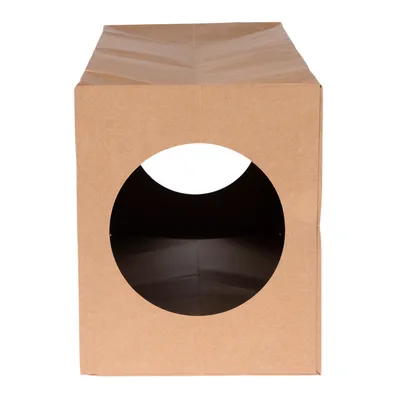 Braune Pappbox mit rundem Eingang, geeignet als Versteck oder Spielzeug für Haustiere.