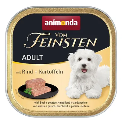 Animonda Vom Feinsten Adult con manzo e patate. Proposta di servizio: pezzo di carne su piatto nero, decorato con prezzemolo.