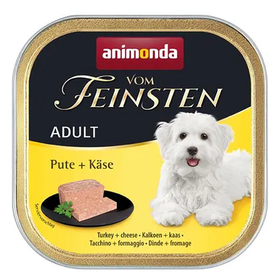 Animonda Vom Feinsten Adult tacchino e formaggio, cibo umido per cani, proposta di servizio con pezzo di carne e prezzemolo.