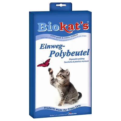 Biokat's Einweg-Polybeutel, disposable polybag. Na embalaži slika mucka in metulja. Products made for Crazy Cats. Besedilo v nemščini in angleščini. Biokat's Einweg-Polybeutel, disposable polybag. Na embalaži slika mucka in metulja. Products made for Crazy Cats. Besedilo v nemščini in angleščini.