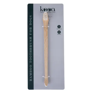 kooa Bamboo Toothbrush pre psov. Zubná kefka z bambusu, opakovane použiteľná. Balenie s pohľadom na produkt a ikonami pre materiál a udržateľnosť.