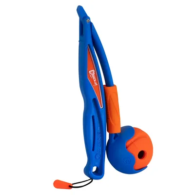 Chuckit! Ballwerfer aus blauem und orangem Kunststoff mit integriertem Ball, Modell Sport 18M.