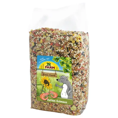 JR Farm Basic Food Ratten-Schmaus – zmes zrnín a granúl v priehľadnom balení, etiketa s obrázkom slnečnice, kreviet a kresleného potkana. Viditeľný nápis: Fresh vom unserem Hof!