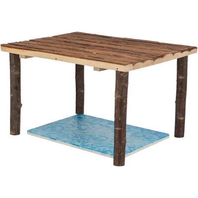 Plataforma de madera con cuatro patas de madera natural y una base inferior de plástico azul. Adecuada como estructura de dos niveles para pequeños animales.