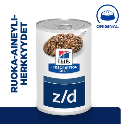 Hill's Prescription Diet z/d -säilykeruoka, etiketti: RUOKA-AINEYLIHERKKYYDET, Original-merkintä yläkulmassa, purkissa näkyy ruoan koostumus lusikassa.