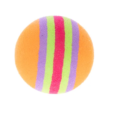 Pelota de juego multicolor con fondo naranja y rayas rosas, verdes y lilas.