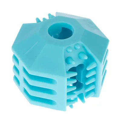 Cubo da gioco blu in plastica con nodi e aperture, adatto per gioco interattivo o da riempire.