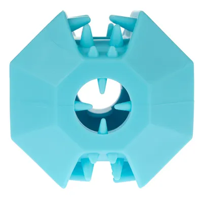 Giocattolo esagonale blu con apertura centrale e punte flessibili sui lati.