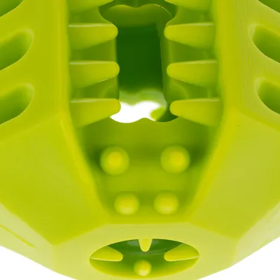 Giocattolo verde con nodi e motivo dentale, adatto per gioco interattivo o da masticare.
