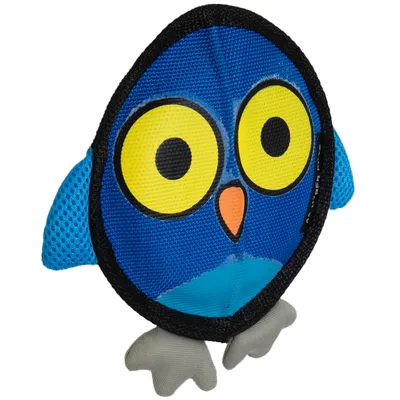 Blue owl toy made of fabric with yellow eyes, orange beak and grey feet.