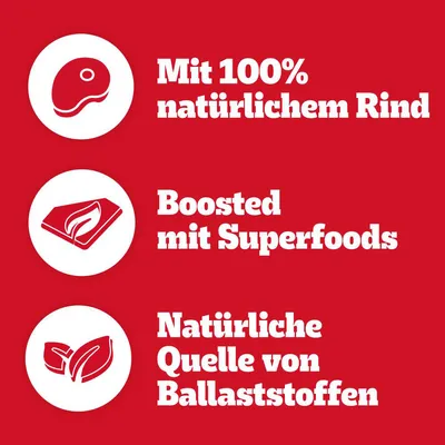 Mit 100% natürlichem Rind, Boosted mit Superfoods, Natürliche Quelle von Ballaststoffen.