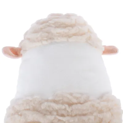 Pluche speelgoed in de vorm van een schaap met beige vacht en witte details, zichtbare oren aan de zijkanten.
