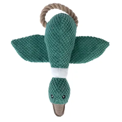 Jouet en tissu vert en forme de canard avec poignée en corde, adapté pour le jeu interactif.