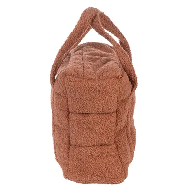 Sac rectangulaire en tissu bouclé marron avec deux poignées sur le dessus, vu de côté. Aucun logo ou texte visible.