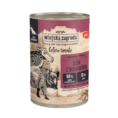 Wiejska Zagroda, hypoallergen helfoder för vuxna hundar. Smak: vildsvin med nötkött, 94% kött och buljong, 0% spannmål. Polskt varumärke.