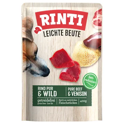 RINTI LEICHTE BEUTE Rind pur & Wild, Pure Beef & Venison, getreidefrei, reich an natürlichen Fleischstücken, 400g, fett-reduziert. Texte en allemand et anglais visibles sur l’emballage.