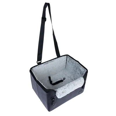 Schwarze Transporttasche mit weicher grauer Innenpolsterung, verstellbarem Schultergurt und Sicherheitsclip. Geeignet für sicheren Transport von Haustieren.