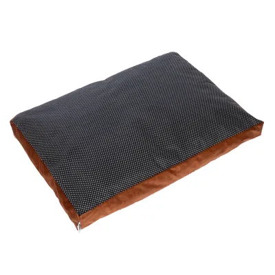 Coussin rectangulaire pour animal, dessus noir à pois blancs, côtés en tissu marron, fermeture éclair visible sur un coin.