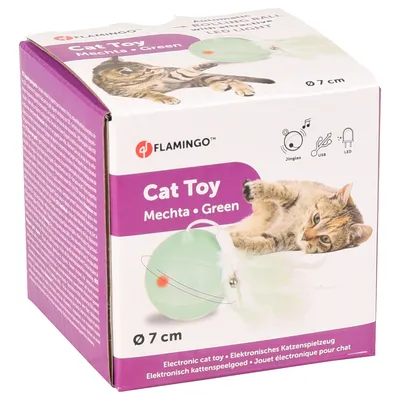 Flamingo electronic cat toy, model Mechta Green, Ø 7 cm, with LED light, USB port and jingle function. Packaging shows green toy and cat playing.