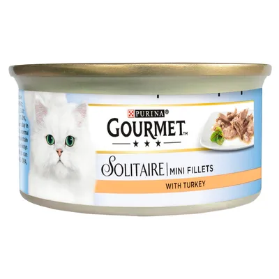 Gourmet Solitaire Mini Fillets with Turkey, showing product name and image of fillets on a plate.