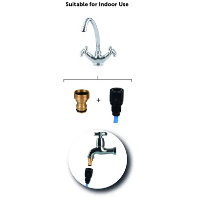 Geeignet für den Innenbereich. Bild zeigt Wasserhahn mit Zubehör: Messingadapter und schwarzer Anschluss für Schlauch.