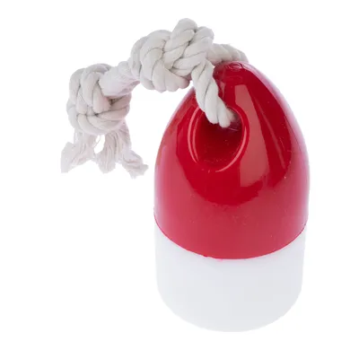 Jouet pour chien en plastique rouge et blanc avec corde épaisse nouée, visible sur le dessus du jouet.