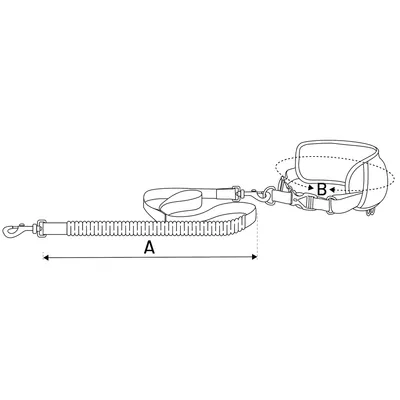 Diagram med mått: A är längden på kopplet, B är omkretsen på selen. Justerbart hundkoppel med elastisk del och bältesklämma.