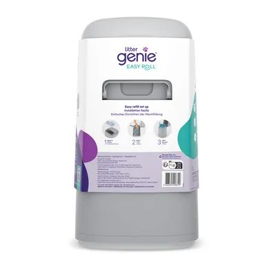 Litter Genie Easy Roll mit Anleitung zur Nachfüllung: Schritt 1 Kassette einsetzen, Schritt 2 Folie ziehen, Schritt 3 Deckel schliessen. Einfache Einrichtung der Nachfüllung.