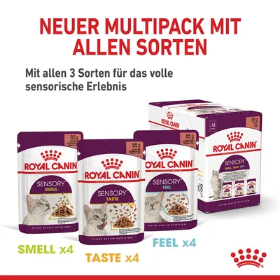 Royal Canin Multipack mit allen 3 Sorten: Sensory Smell x4, Taste x4, Feel x4. Für ein volles sensorisches Erlebnis. Verpackung zeigt 12 Beutel à 85g.