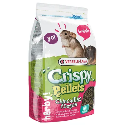 Versele-Laga Crispy Pellets für Chinchillas und Degus, herby!, ohne Zucker, frische Rezeptur. Verpackung zeigt zwei Tiere und Produktabbildung.