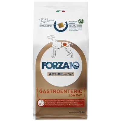 Forza10 Active Vet Diet Gastroenteric Low Fat, Made in Italy, for poor digestion and exocrine pancreatic insufficiency. Pack weight: 10 kg.