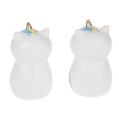 Deux pots en céramique blanche en forme de chat avec corne dorée et crinière colorée, vue avant. Aucun texte ou marque visible.