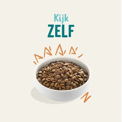 Witte kom gevuld met droge brokjes, tekst: Kijk ZELF