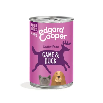 Blik Edgard & Cooper Adult Dogs 400g, Grain-Free Game & Duck. Paarse verpakking met illustraties van een hert en twee hondenkoppen.