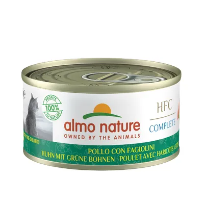 almo nature OWNED BY THE ANIMALS HFC COMPLETE, Profits 100% to Nature, POLLO CON FAGIOLINI, HUHN MIT GRÜNE BOHNEN, POULET AVEC HARICOTS VERTS on tin cat food packaging