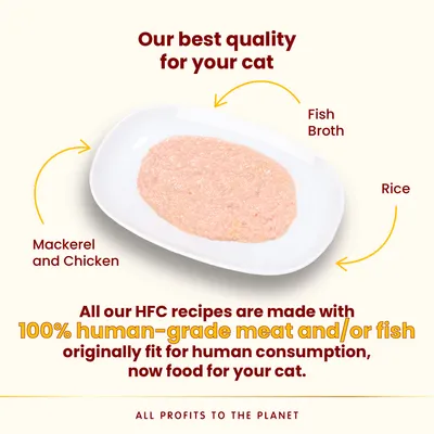 Mackerel and chicken cat food with fish broth and rice. All HFC recipes made with 100% human-grade meat and/or fish, originally fit for human consumption, now food for your cat.