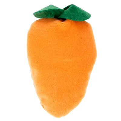 Juguete de peluche en forma de zanahoria naranja con hojas verdes, apto para mascotas.