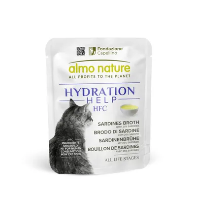 almo nature Hydration Help HFC supă de sardine cu 25% sardine. Ingrediente inițial potrivite pentru consum uman, acum hrană pentru pisici. Pentru toate etapele vieții.