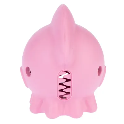 Jouet pour animal en forme de pieuvre rose, matière plastique, ouverture centrale avec spirale visible, deux trous latéraux. Aucun texte ou marque visible.