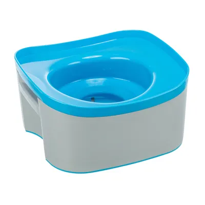 Stazione per bere grigia e blu in plastica con serbatoio d'acqua integrato.