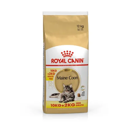 Royal Canin Maine Coon Adult -kuivaruoka, 12 kg pussi. Teksti: 10 kg + 2 kg gratis free. Kuvassa Maine Coon -kissa ja nappuloita. Yläkulmassa paino 12 kg, 155 annosta.