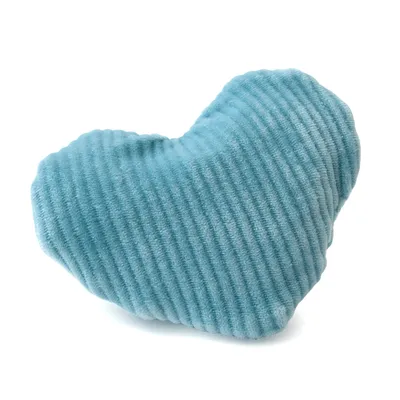Heart-shaped toy made of blue fabric with ribbed texture.