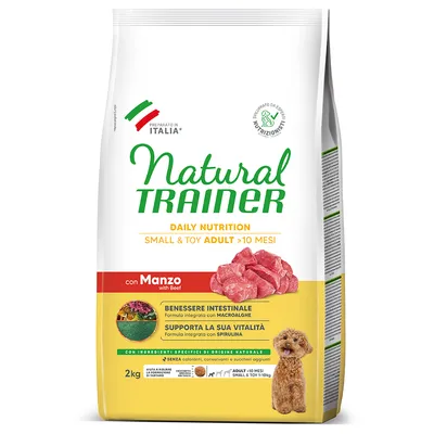 Sac Natural Trainer Daily Nutrition Small & Toy Adult >10 mesi, con Manzo, 2 kg. Texte visible : bien-être intestinal, supporte la vitalité, ingrédients d’origine naturelle, sans colorants.